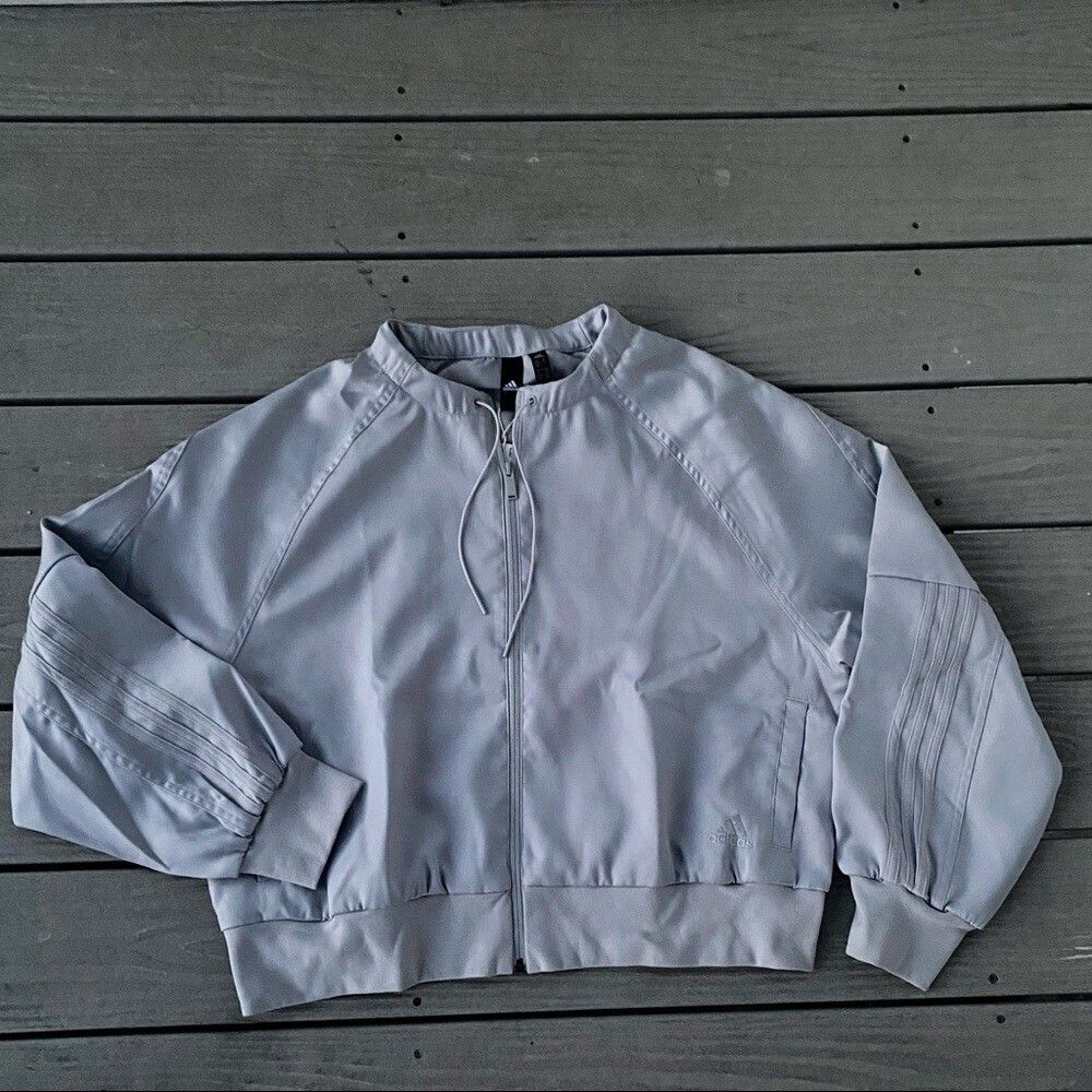Adidas Jacket XL Gray Silver Satin Bomber Track Windbreaker Glam Cover Up